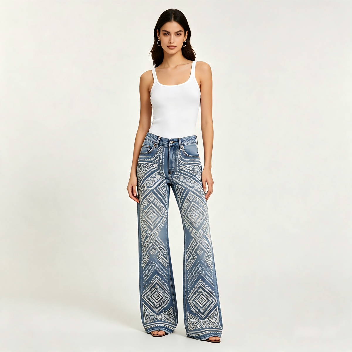 Boho Tribal Embroidered High-Waisted Wide-Leg Jeans